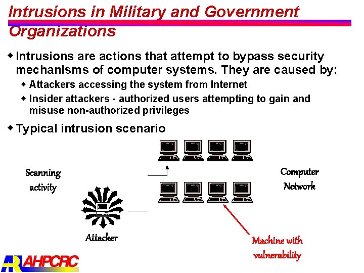 Intrusions in Military and Government Organizations w Intrusions are actions that attempt to bypass