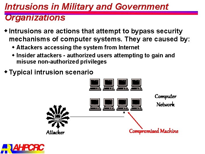 Intrusions in Military and Government Organizations w Intrusions are actions that attempt to bypass