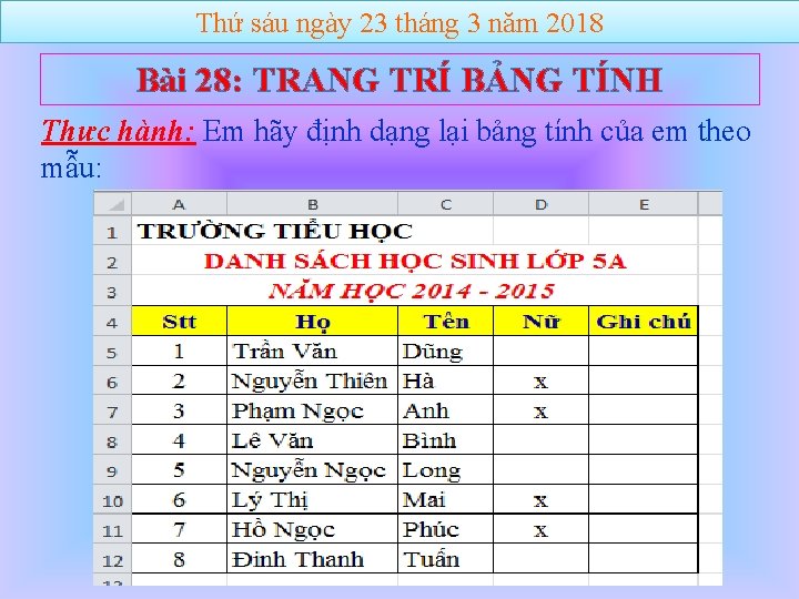 Thứ sáu ngày 23 tháng 3 năm 2018 Bài 28: TRANG TRÍ BẢNG TÍNH