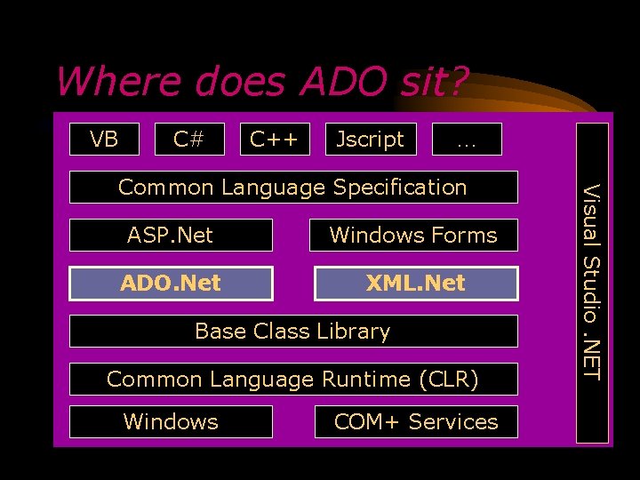 Where does ADO sit? VB C# C++ Jscript … ASP. Net Windows Forms ADO.