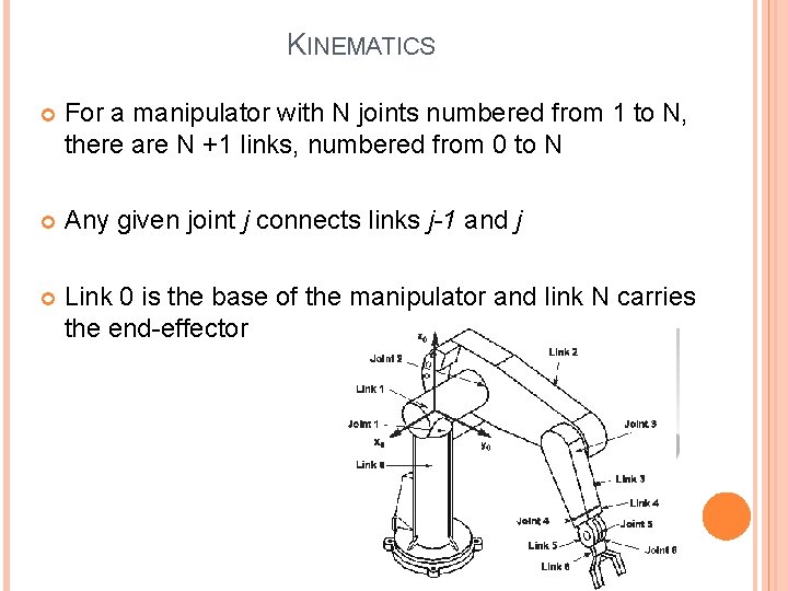 KINEMATICS For a manipulator with N joints numbered from 1 to N, there are