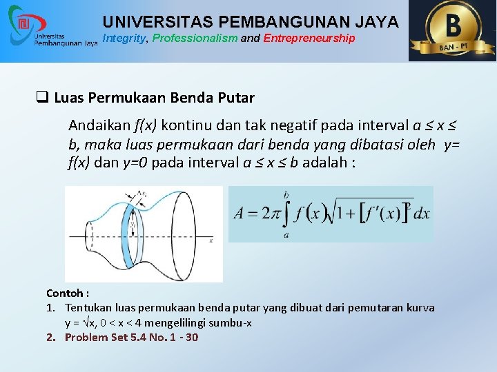 UNIVERSITAS PEMBANGUNAN JAYA Integrity, Professionalism and Entrepreneurship q Luas Permukaan Benda Putar Andaikan f(x)