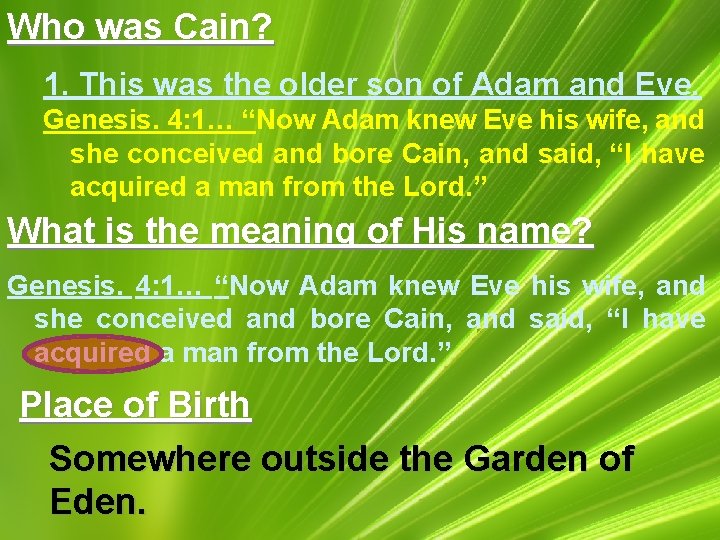 Who was Cain? 1. This was the older son of Adam and Eve. Genesis.