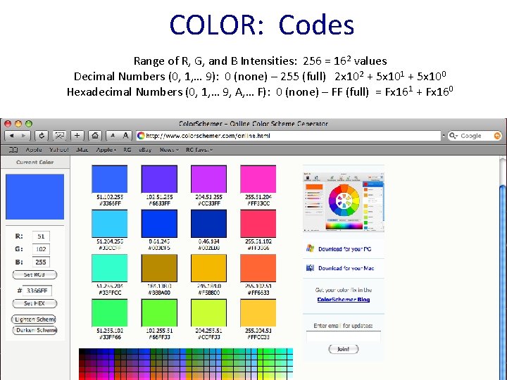 COLOR: Codes Range of R, G, and B Intensities: 256 = 162 values Decimal COLOR: Codes Range of R, G, and B Intensities: 256 = 162 values Decimal