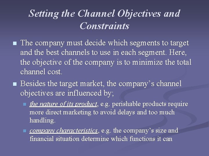 Setting the Channel Objectives and Constraints n n The company must decide which segments