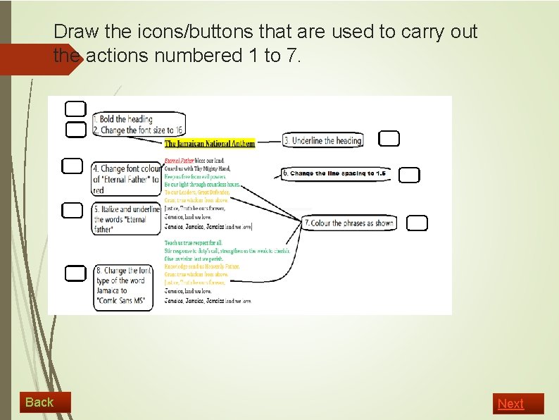 Draw the icons/buttons that are used to carry out the actions numbered 1 to