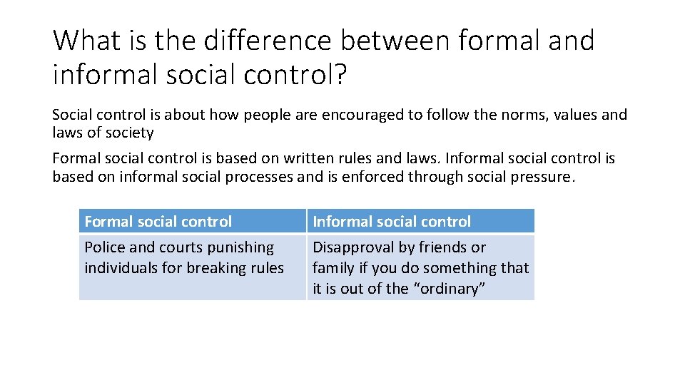 What is the difference between formal and informal social control? Social control is about