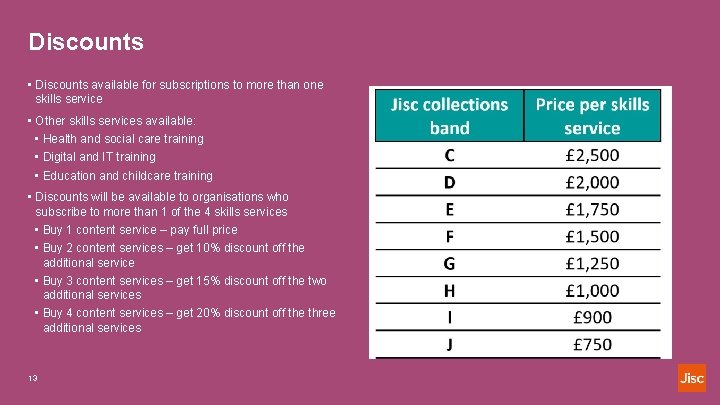 Discounts • Discounts available for subscriptions to more than one skills service • Other