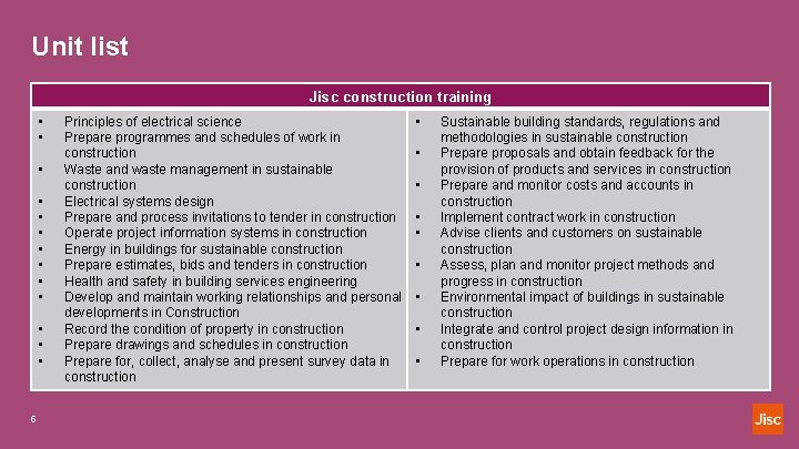 Unit list Jisc construction training • • • • 5 Principles of electrical science