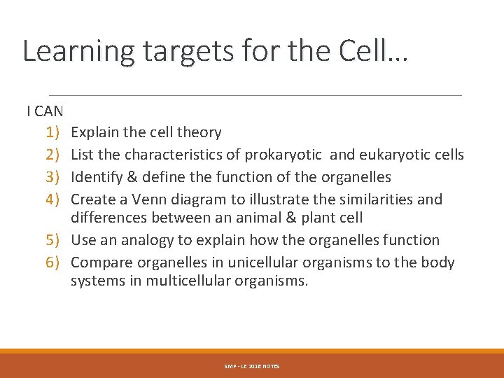 Learning targets for the Cell… I CAN 1) 2) 3) 4) Explain the cell