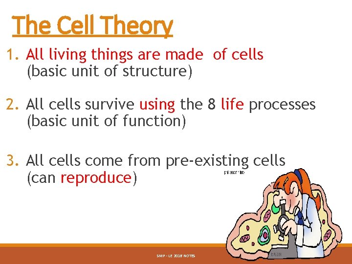 The Cell Theory 1. All living things are made of cells (basic unit of