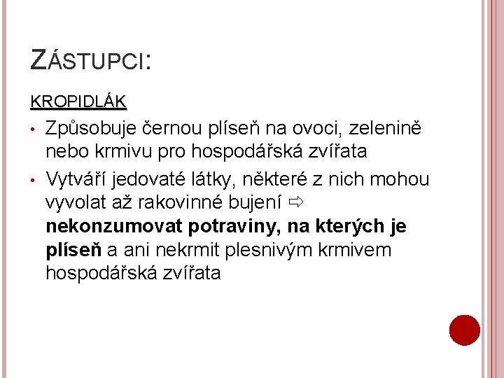 ZÁSTUPCI: KROPIDLÁK • • Způsobuje černou plíseň na ovoci, zelenině nebo krmivu pro hospodářská