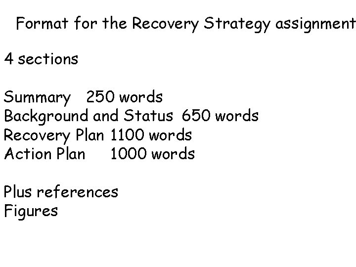 Format for the Recovery Strategy assignment 4 sections Summary 250 words Background and Status