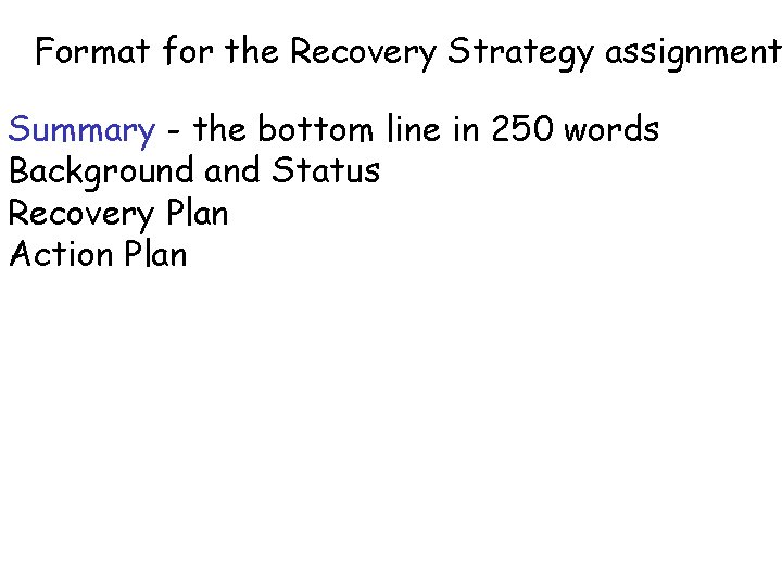 Format for the Recovery Strategy assignment Summary - the bottom line in 250 words