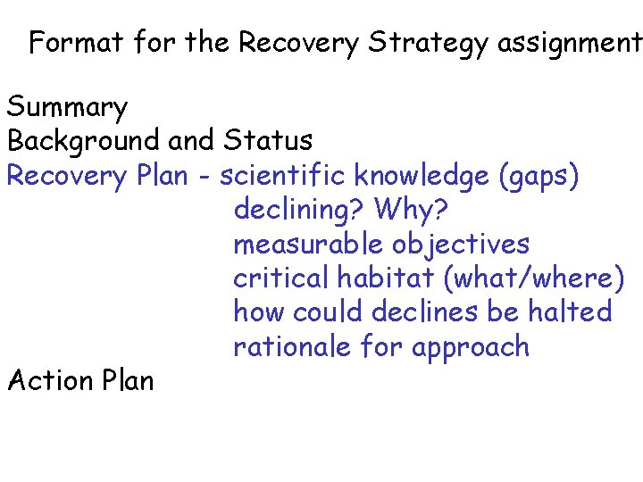 Format for the Recovery Strategy assignment Summary Background and Status Recovery Plan - scientific