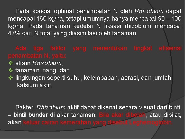 Pada kondisi optimal penambatan N oleh Rhizobium dapat mencapai 160 kg/ha, tetapi umumnya hanya