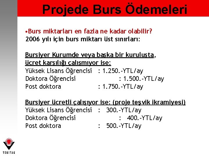 Projede Burs Ödemeleri • Burs miktarları en fazla ne kadar olabilir? 2006 yılı için