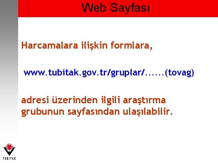 Web Sayfası Harcamalara ilişkin formlara, www. tubitak. gov. tr/gruplar/. . . (tovag) adresi üzerinden