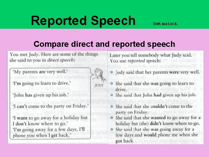 Reported Speech Dott. ssa Loi A. Compare direct and reported speech 