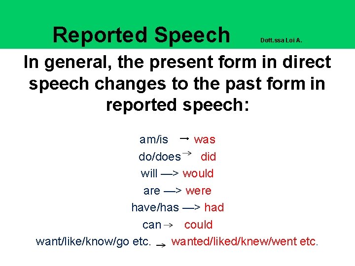 Reported Speech Dott. ssa Loi A. In general, the present form in direct speech