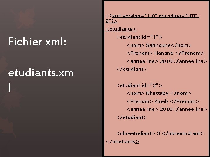 <? xml version="1. 0" encoding="UTF 8"? > <etudiants> Fichier xml: <etudiant id="1"> <nom> Sahnoune</nom>