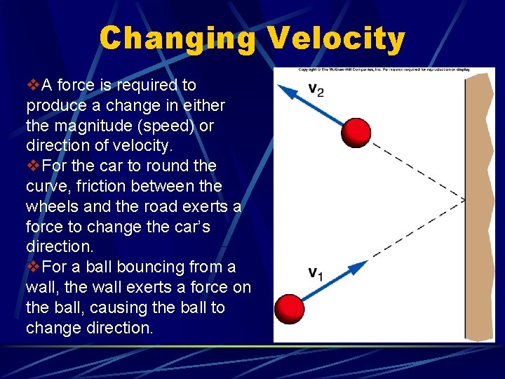 Changing Velocity v. A force is required to produce a change in either the