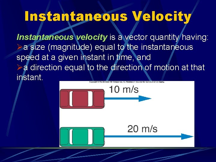 Instantaneous Velocity Instantaneous velocity is a vector quantity having: Øa size (magnitude) equal to