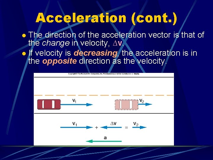 Acceleration (cont. ) The direction of the acceleration vector is that of the change