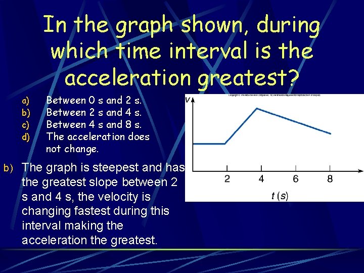 In the graph shown, during which time interval is the acceleration greatest? a) b)