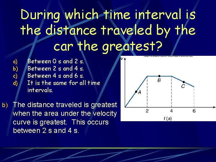 During which time interval is the distance traveled by the car the greatest? a)