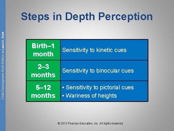 Child Development Ninth Edition ● Laura E. Berk Steps in Depth Perception Birth– 1