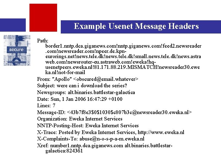 Example Usenet Message Headers Path: border 1. nntp. dca. giganews. com!nntp. giganews. com!feed 2.