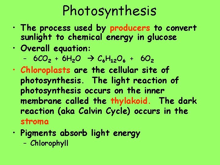 Photosynthesis • The process used by producers to convert sunlight to chemical energy in