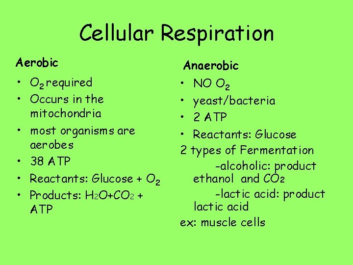 Cellular Respiration Aerobic Anaerobic • O 2 required • Occurs in the mitochondria •