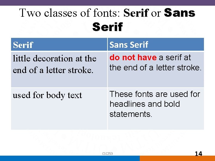 Two classes of fonts: Serif or Sans Serif little decoration at the end of