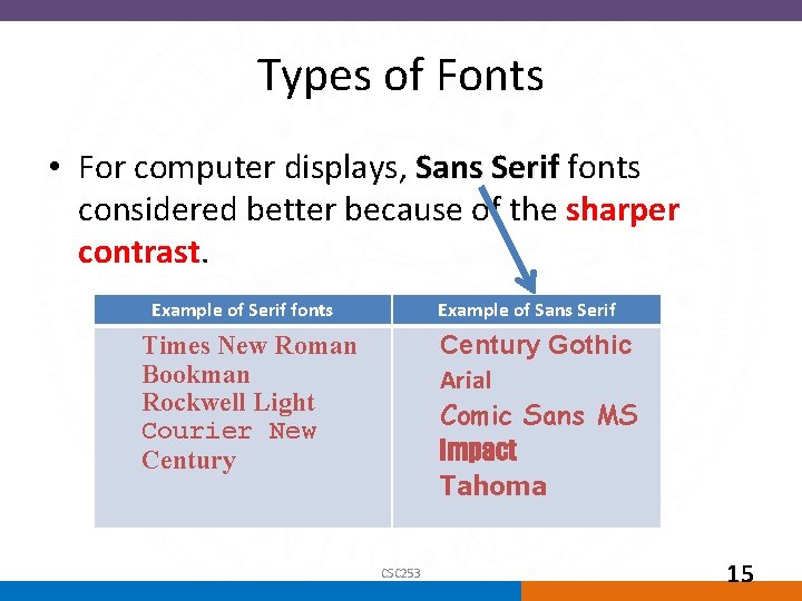 Types of Fonts • For computer displays, Sans Serif fonts considered better because of