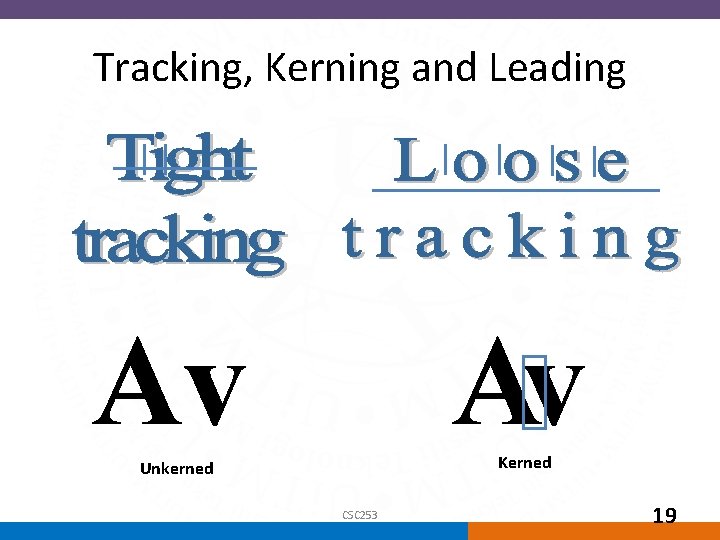 Tracking, Kerning and Leading Av Av Kerned Unkerned CSC 253 19 