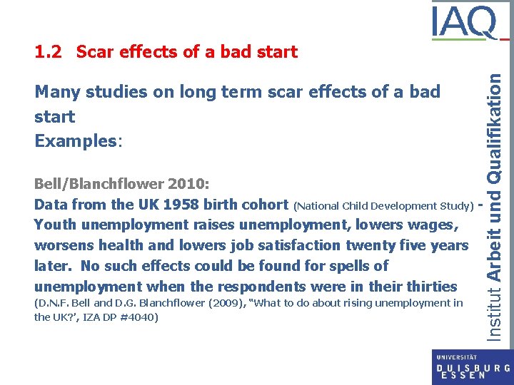 Many studies on long term scar effects of a bad start Examples: Bell/Blanchflower 2010: