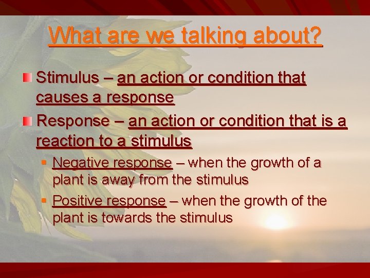 What are we talking about? Stimulus – an action or condition that causes a