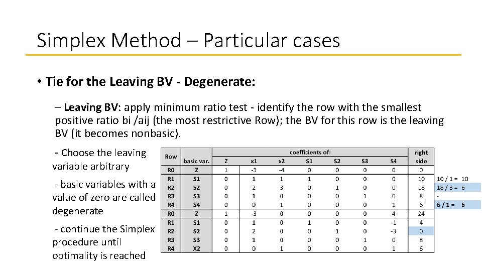 Simplex Method – Particular cases • Tie for the Leaving BV - Degenerate: –