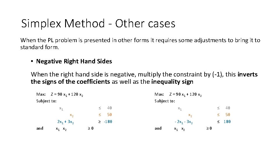 Simplex Method - Other cases When the PL problem is presented in other forms