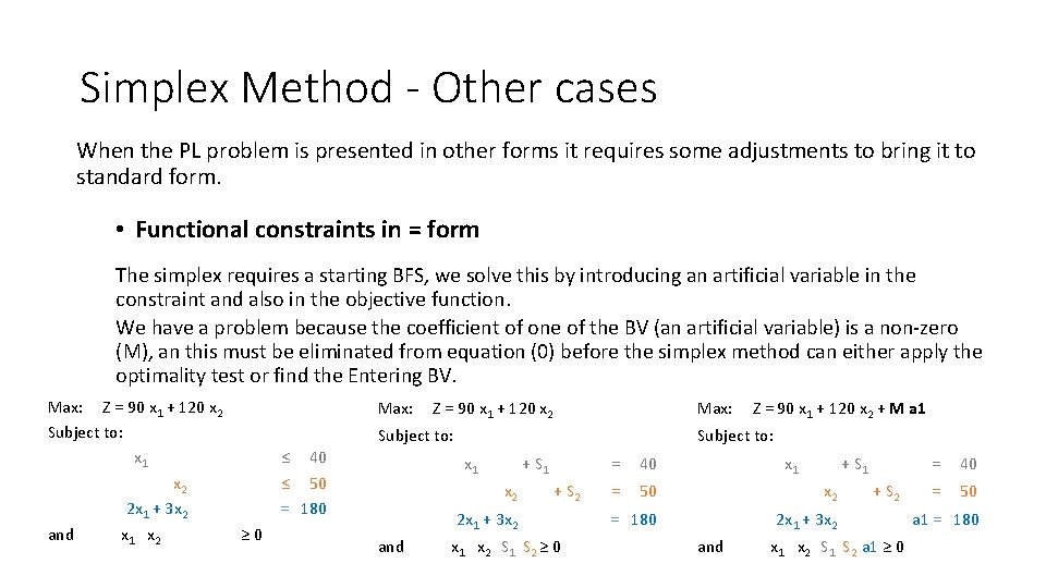 Simplex Method - Other cases When the PL problem is presented in other forms
