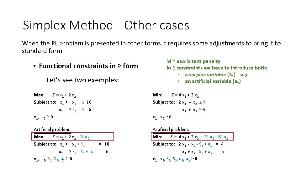 Simplex Method - Other cases When the PL problem is presented in other forms