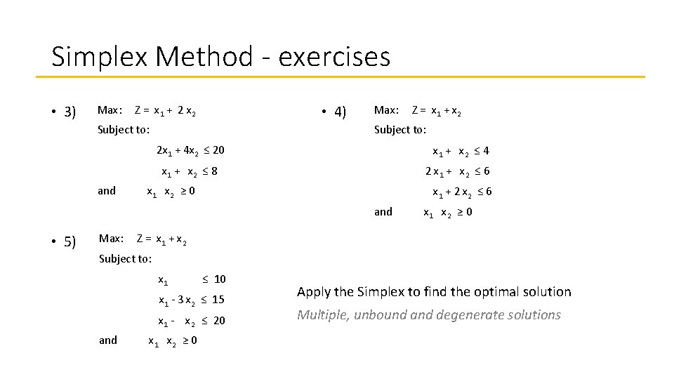 Simplex Method - exercises • 3) Max: Z = x 1 + 2 x