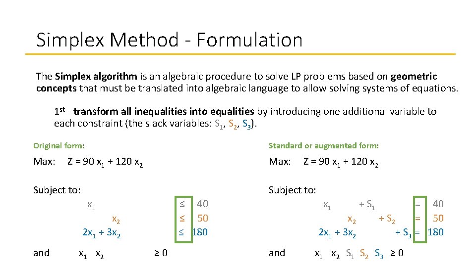 Simplex Method - Formulation The Simplex algorithm is an algebraic procedure to solve LP
