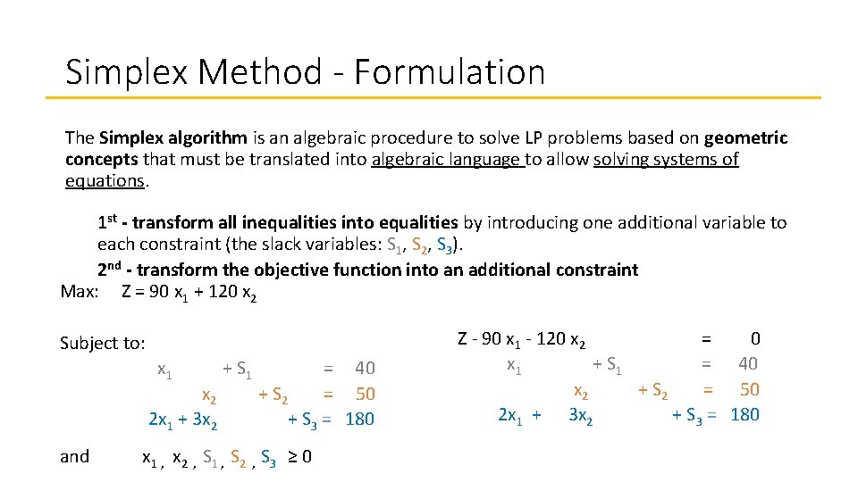 Simplex Method - Formulation The Simplex algorithm is an algebraic procedure to solve LP