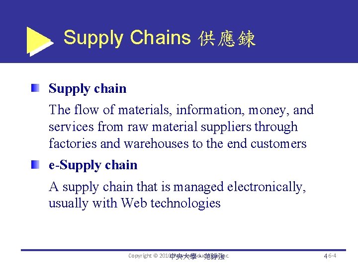 Supply Chains 供應鍊 Supply chain The flow of materials, information, money, and services from