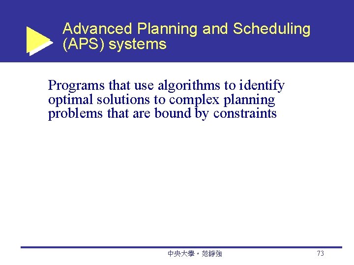 Advanced Planning and Scheduling (APS) systems Programs that use algorithms to identify optimal solutions