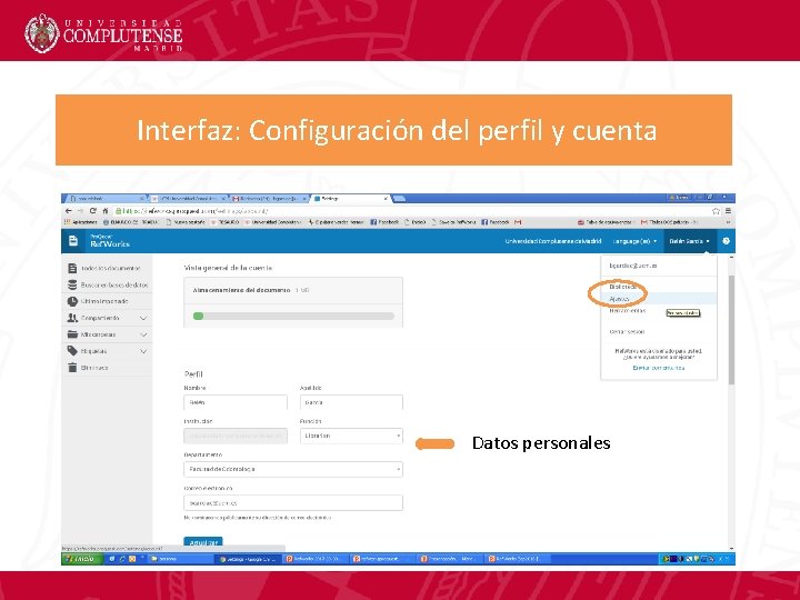 Interfaz: Configuración del perfil y cuenta Datos personales 