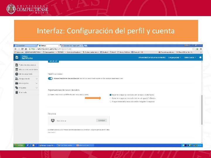 Interfaz: Configuración del perfil y cuenta 